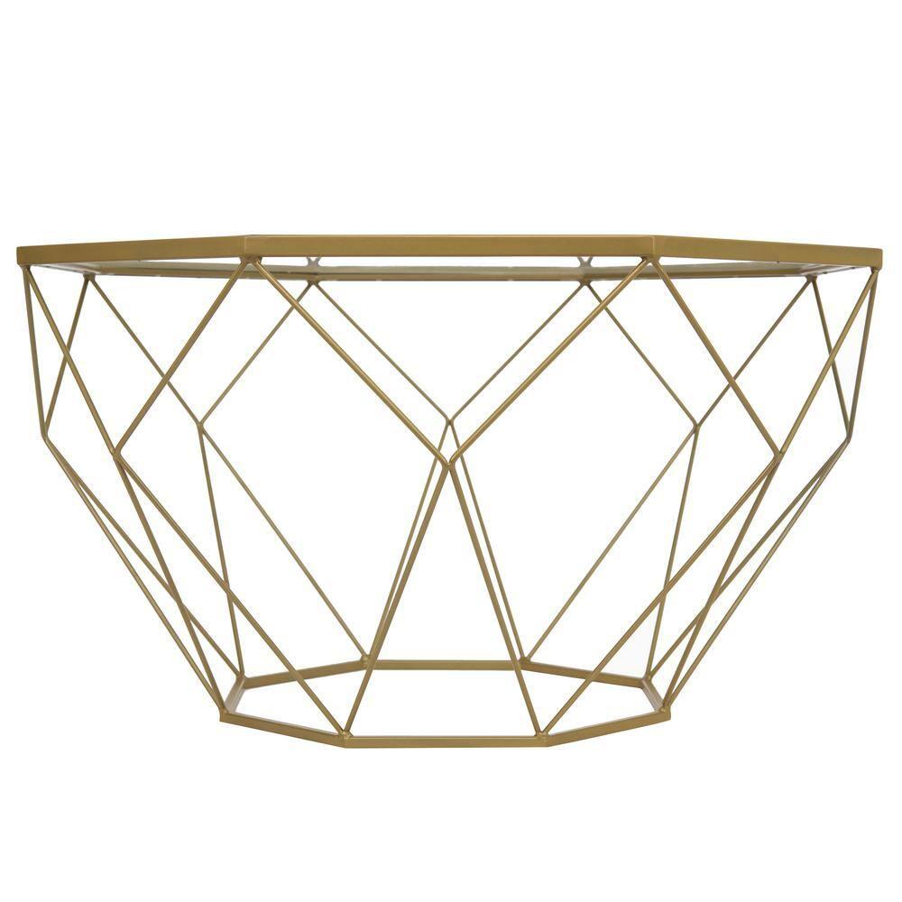 LeisureMod Malibu Modern 29" Wide Octagon Glass Top Coffee Table With Iron Base in Gold