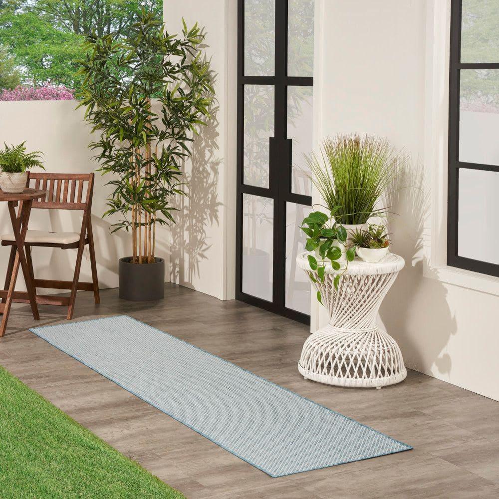 Nourison 2'2" x 8' Courtyard Modern Easy Care Flatweave Indoor Outdoor Runner Rug Ivory/Aqua