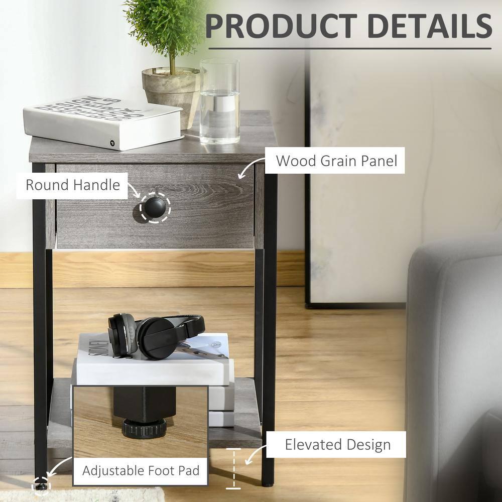 HOMCOM Industrial End Table with Storage Shelf, Accent Side Table with Drawer for Living Room, Gray