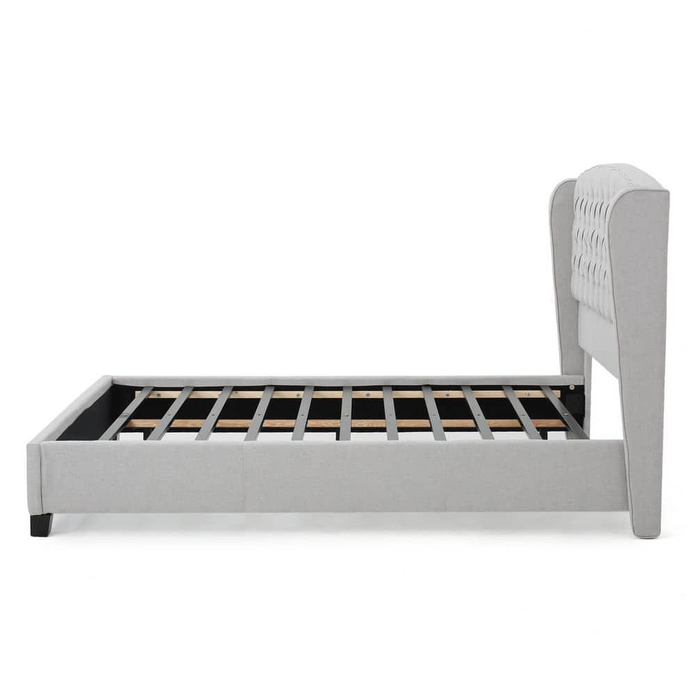 Noble House Aldo Contemporary Fully Upholstered King Size Platform Bed Frame, Light Gray, Dark Brown