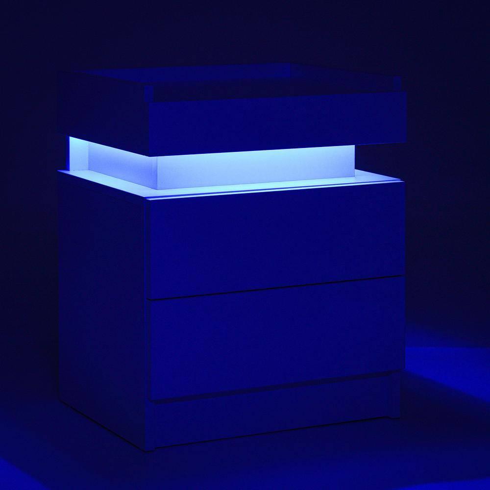 Hommpa High Gloss Tall 2 Drawer Nightstand LED Bedside Table Cabinet Bedroom Furniture White