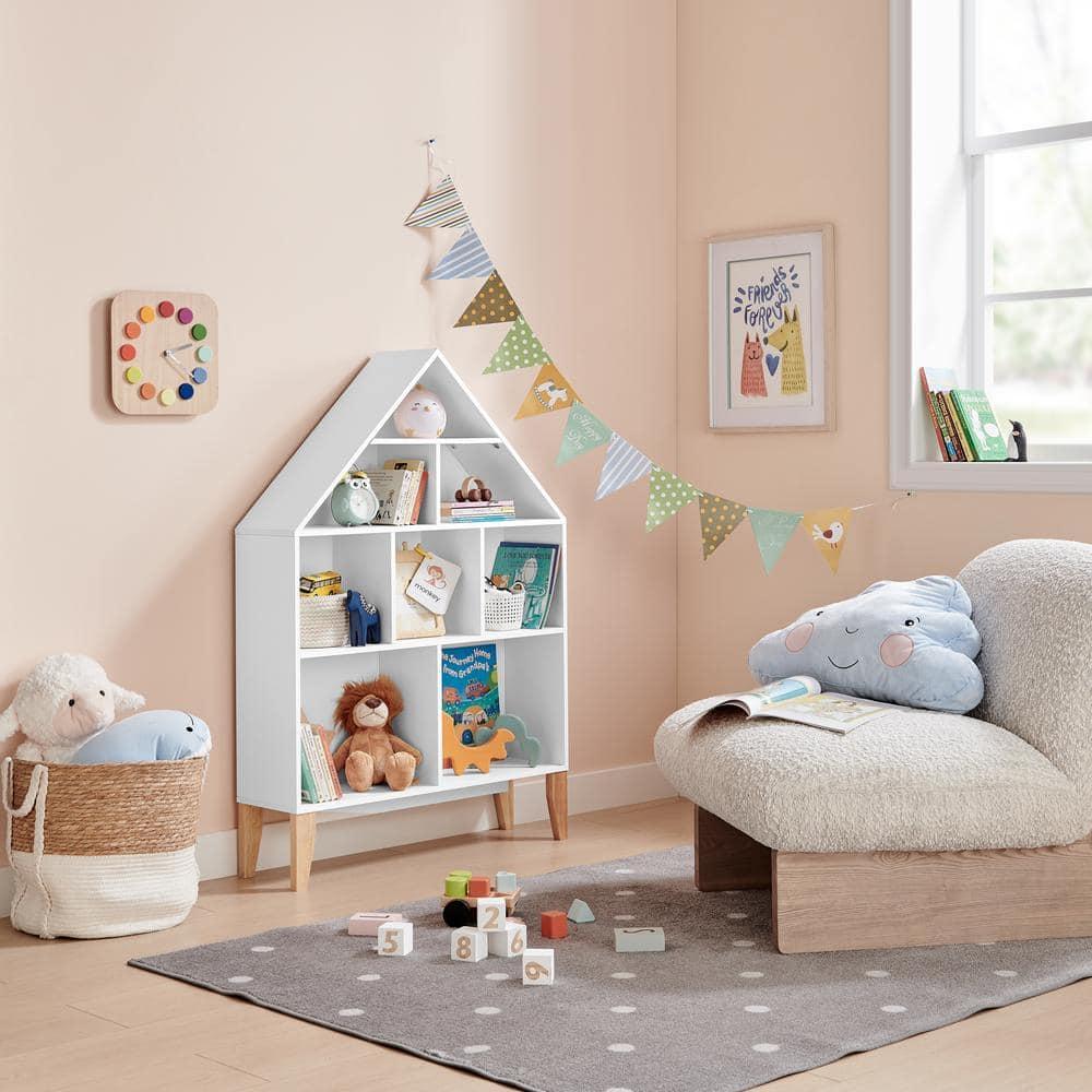 Steiner White Dollhouse 8-Compartment Kids Book or Toy Figure Display Unit Freestanding Bookshelf with Beech Legs