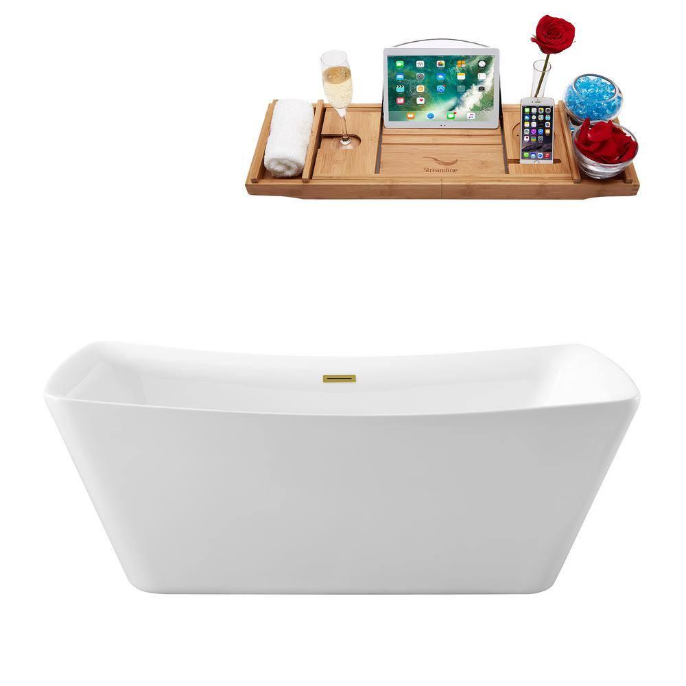 59" Streamline Freestanding Soaking Acrylic Bathtub With Drain and Bamboo Tray