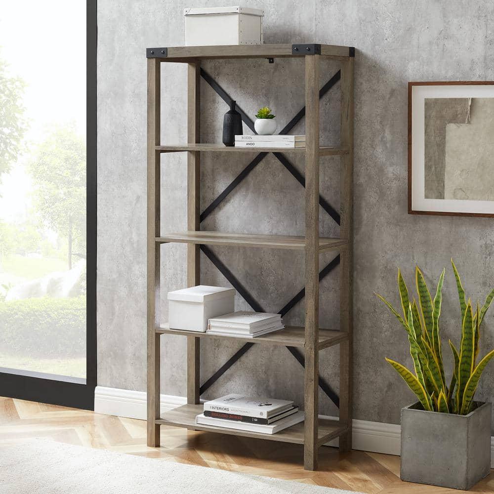 64" Farmhouse Metal X Bookcase - Gray Wash