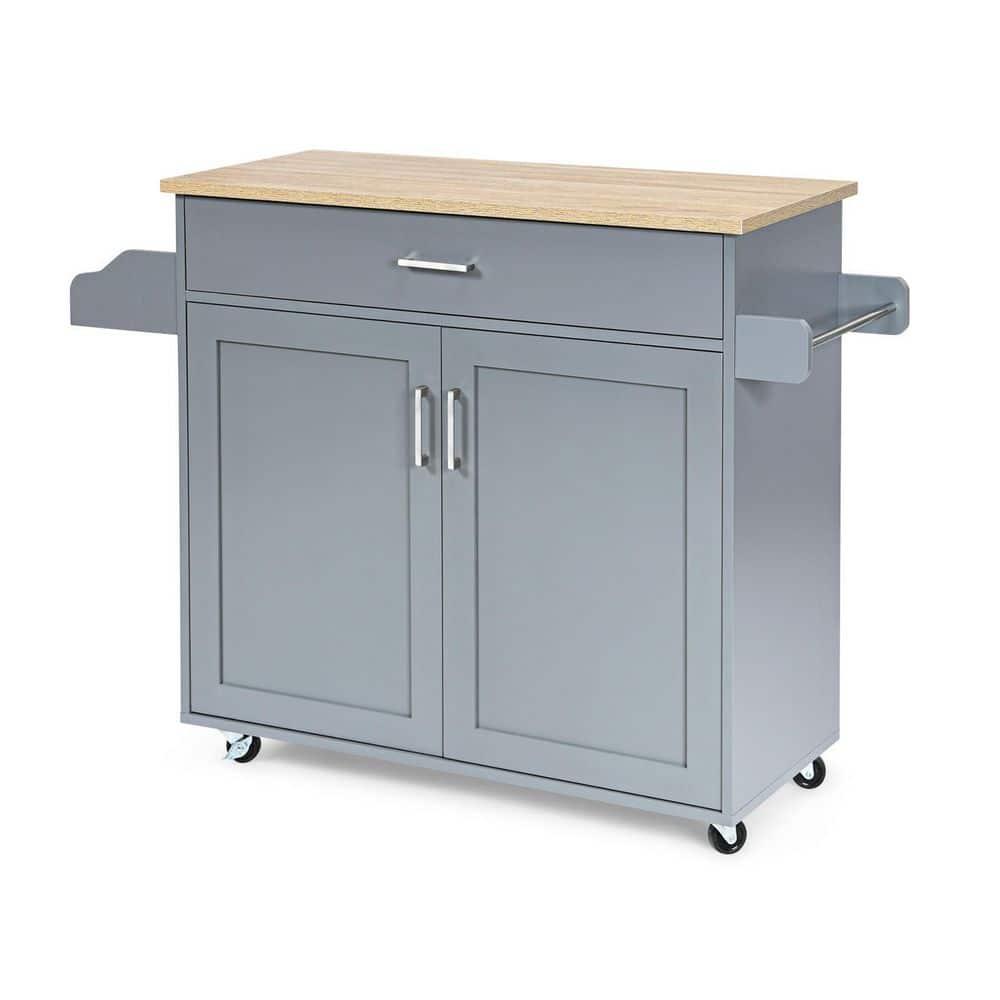 Costway Kitchen Island 44" Rolling Kitchen Cart with Drawer Adjustable Shelf Spice Rack Gray