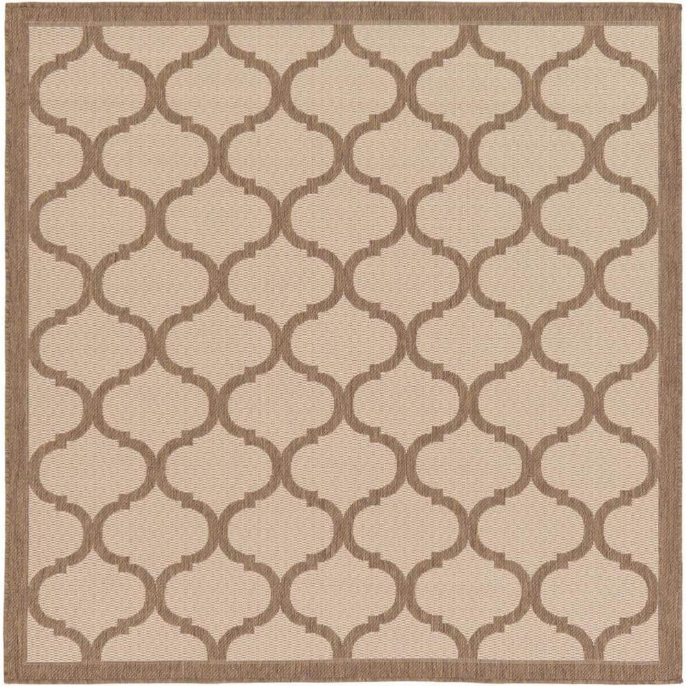 Unique Loom 6' 1 x 6' 1 Square Beige and Brown Outdoor Trellis Moroccan Area Rug