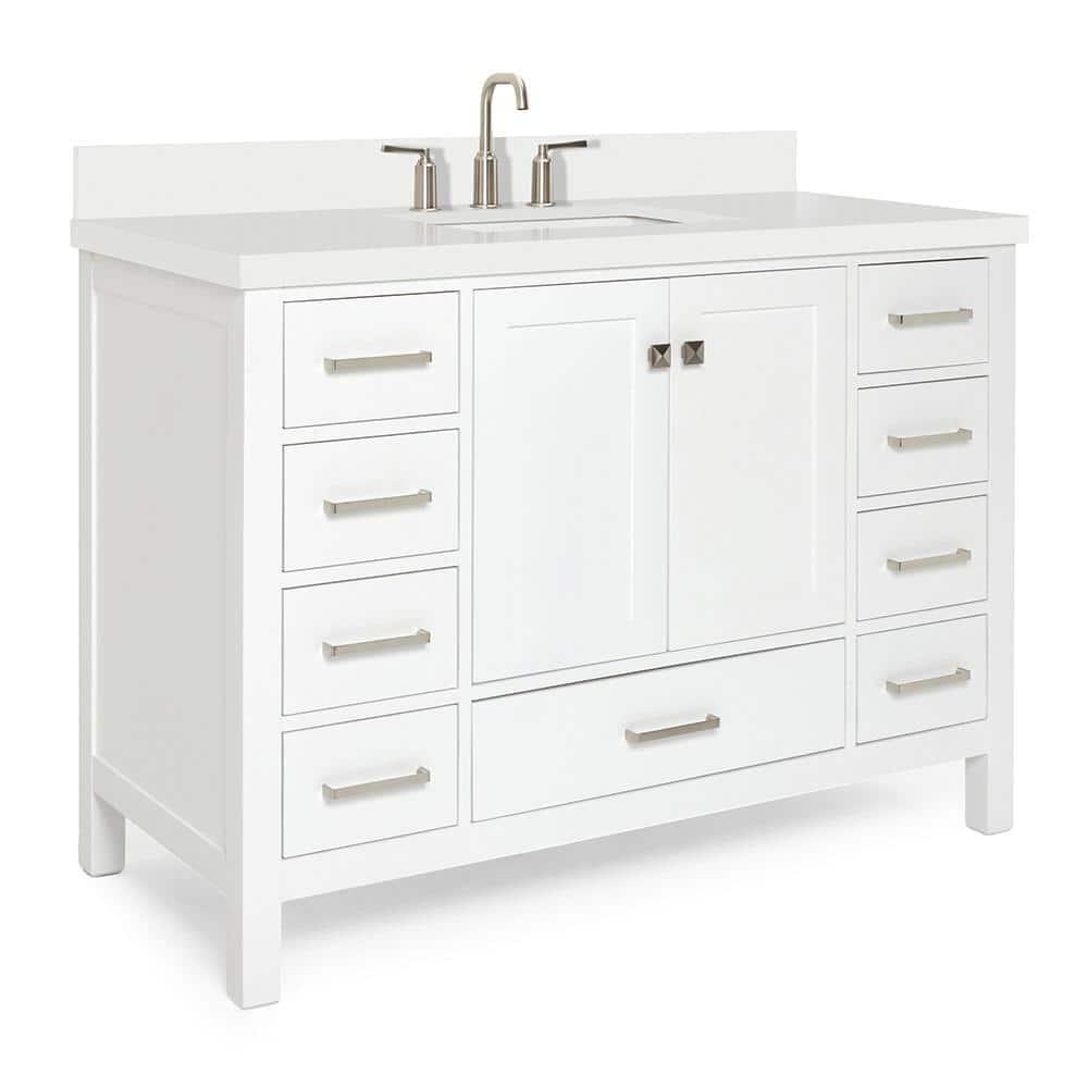 ARIEL 49" Bathroom Vanity with 1.5" Edge Pure White Quartz Countertop & Backsplash, Center Rectangular Sink, 2 Soft Closing Doors, 9 Full Extension Dovetail Drawers, Brushed Nickel - White