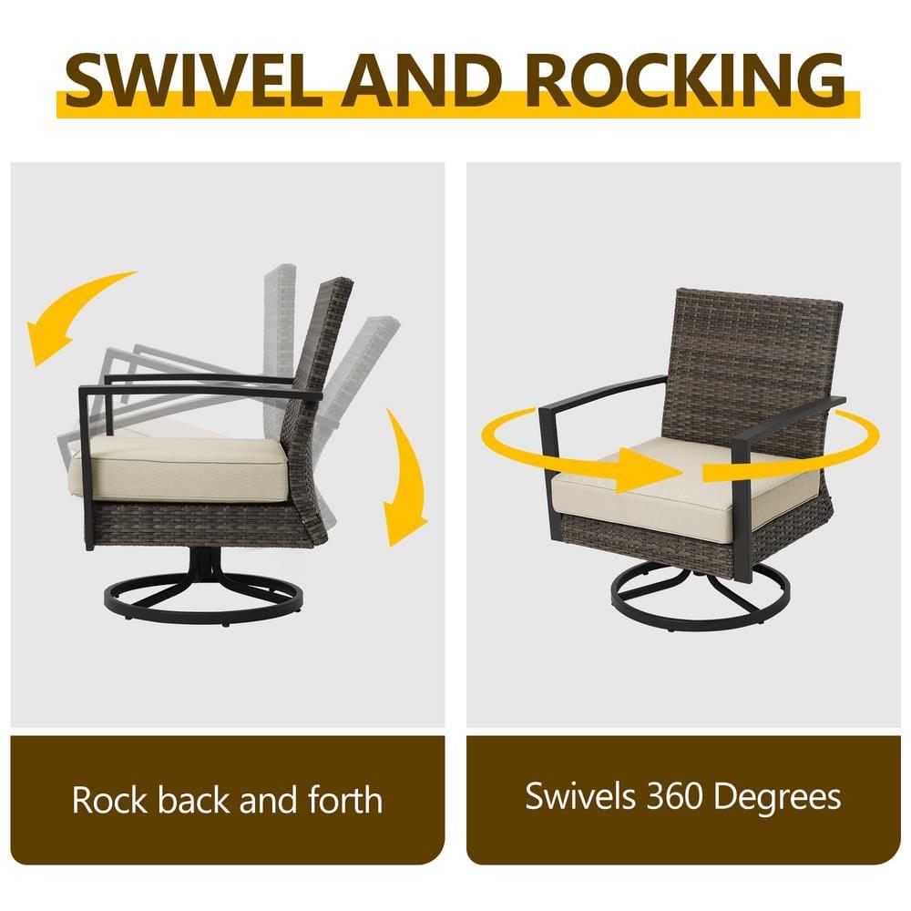 Beige Cushioned Black Metal Rattan Swivel Patio Dining Chairs (2-Pack)