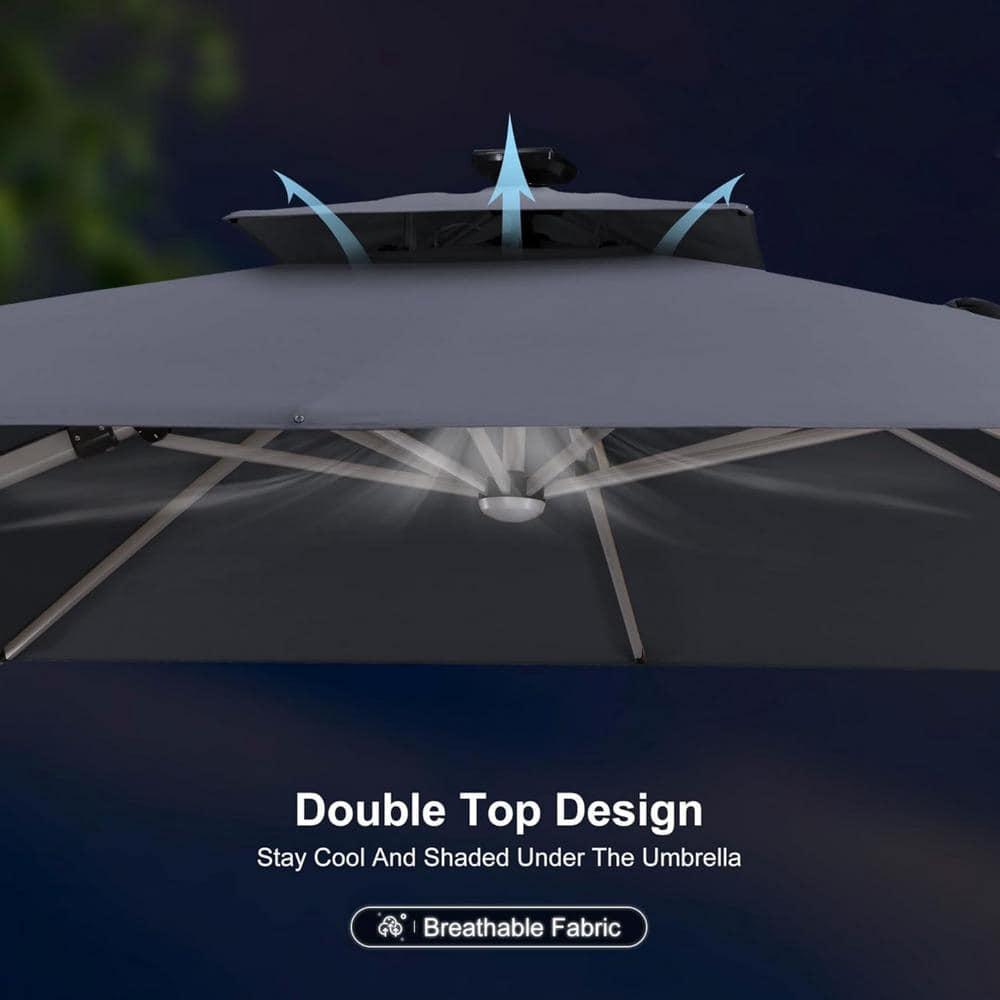 PURPLE LEAF 11FT Square Double Top Deluxe Solar Powered LED Patio Umbrella Outdoor Cantilever Umbrella, Gray