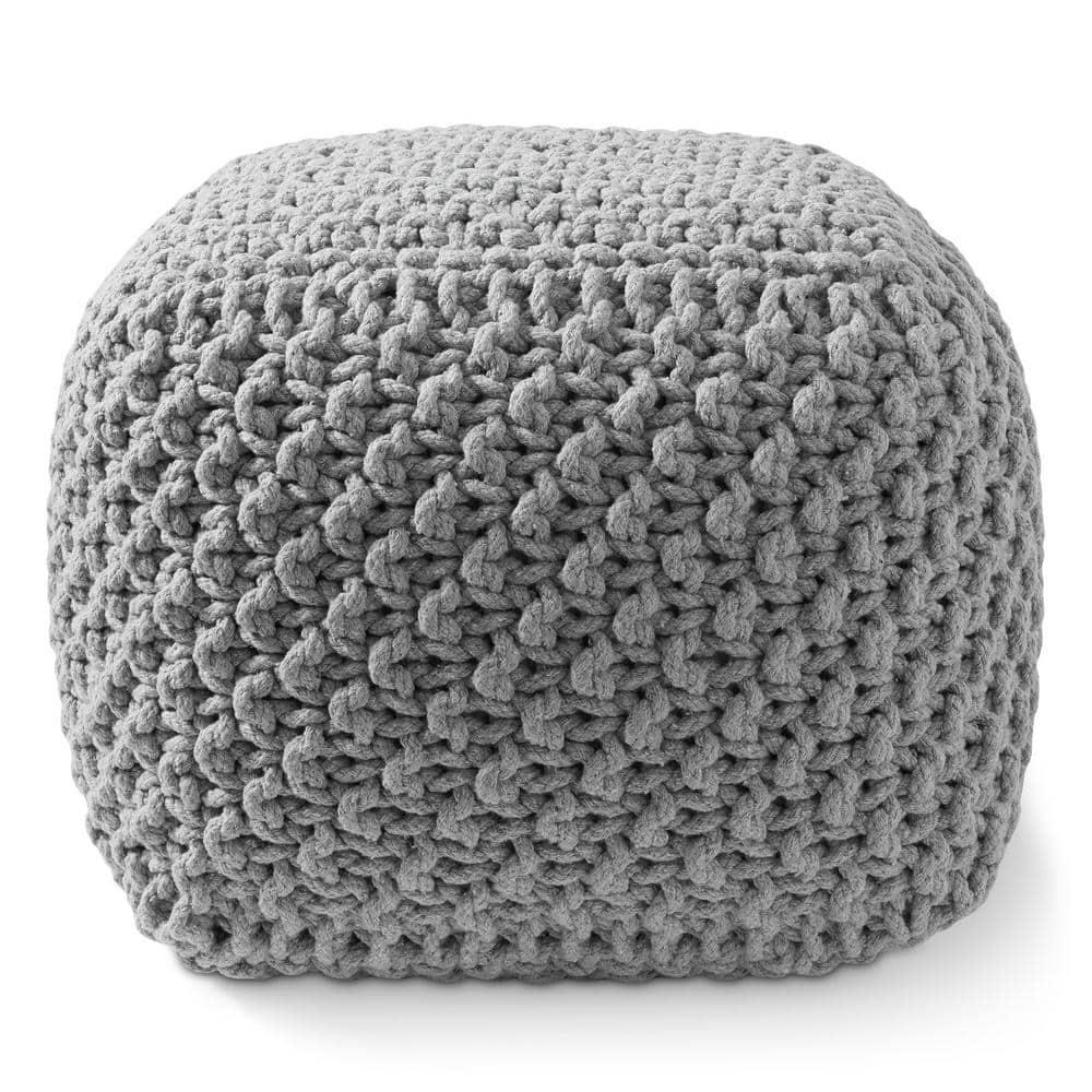 Casafield Square Pouf Ottoman, Light Gray - 18.5" W x 18.5" D x 14.5" H Cotton Knit Foot Stool - Boho Floor Pouffe for Living Room