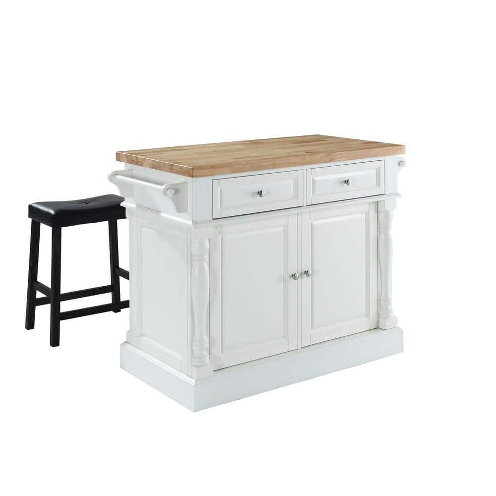 Crosley Furniture Oxford Wood Kitchen Island with Saddle Stools in White