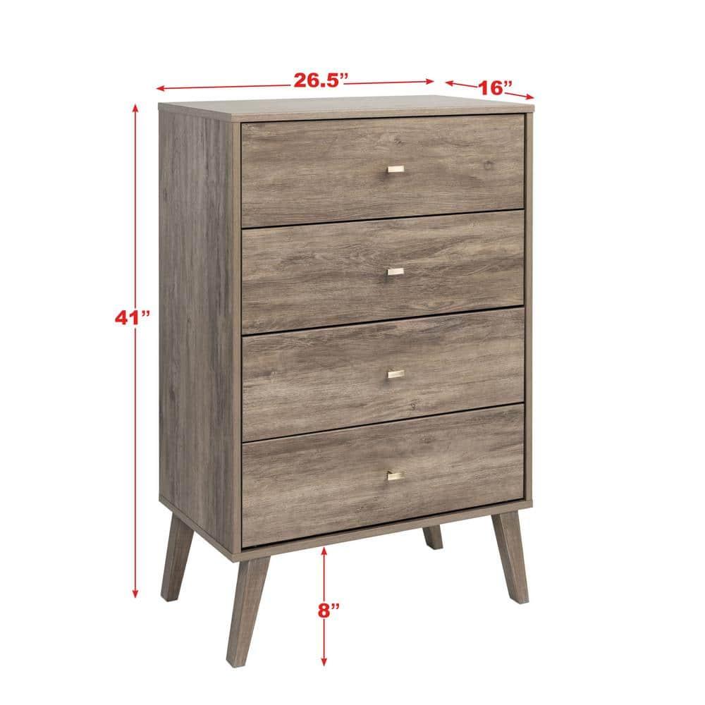 Mid-Century Modern 4 Drawer Chest Drifted Gray - Prepac: Sleek Bedroom Storage, Brass Knobs