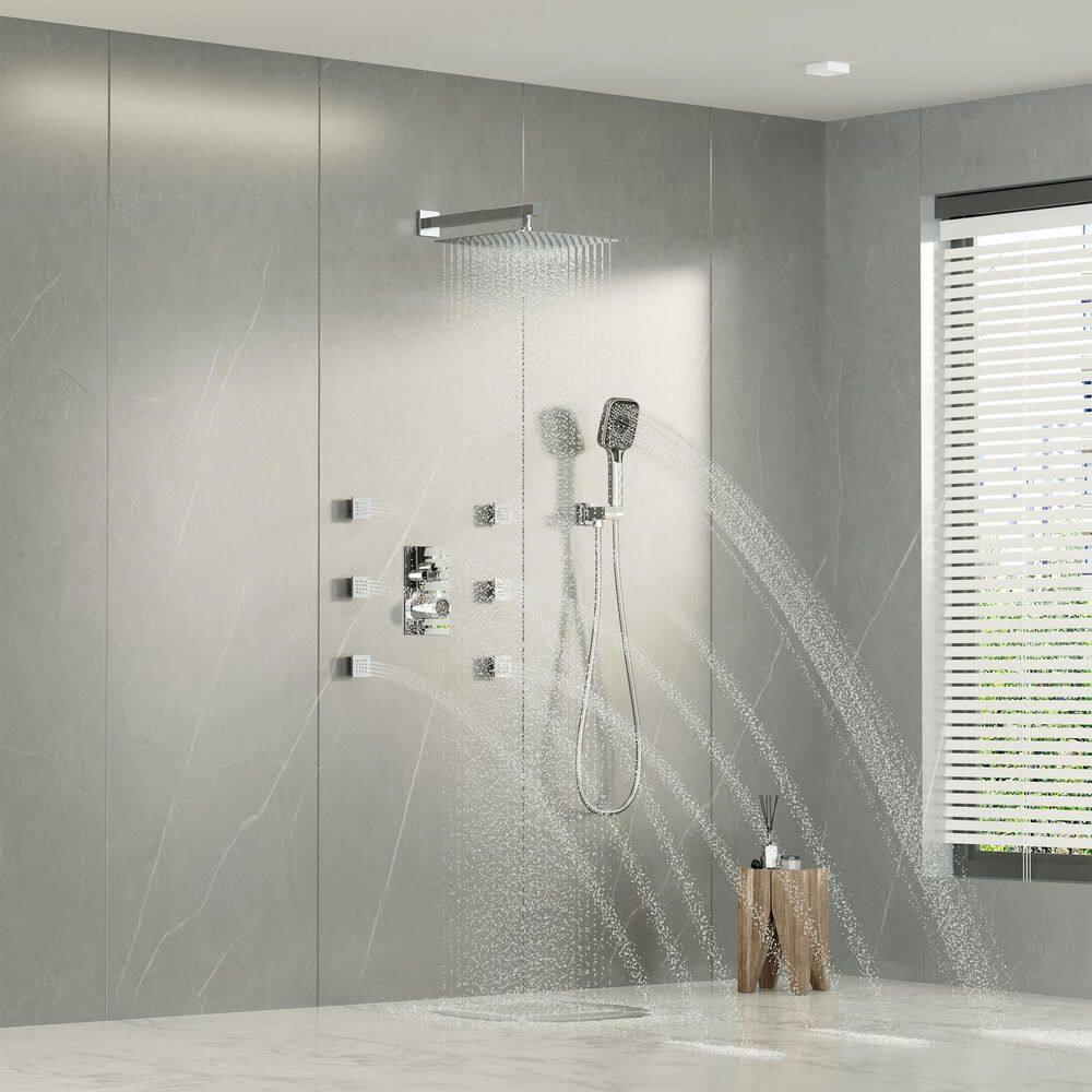 Revitalize 3-Function 12 Inch Wall Mount Rainfall Thermostatic Shower System with 6 Body Jets
