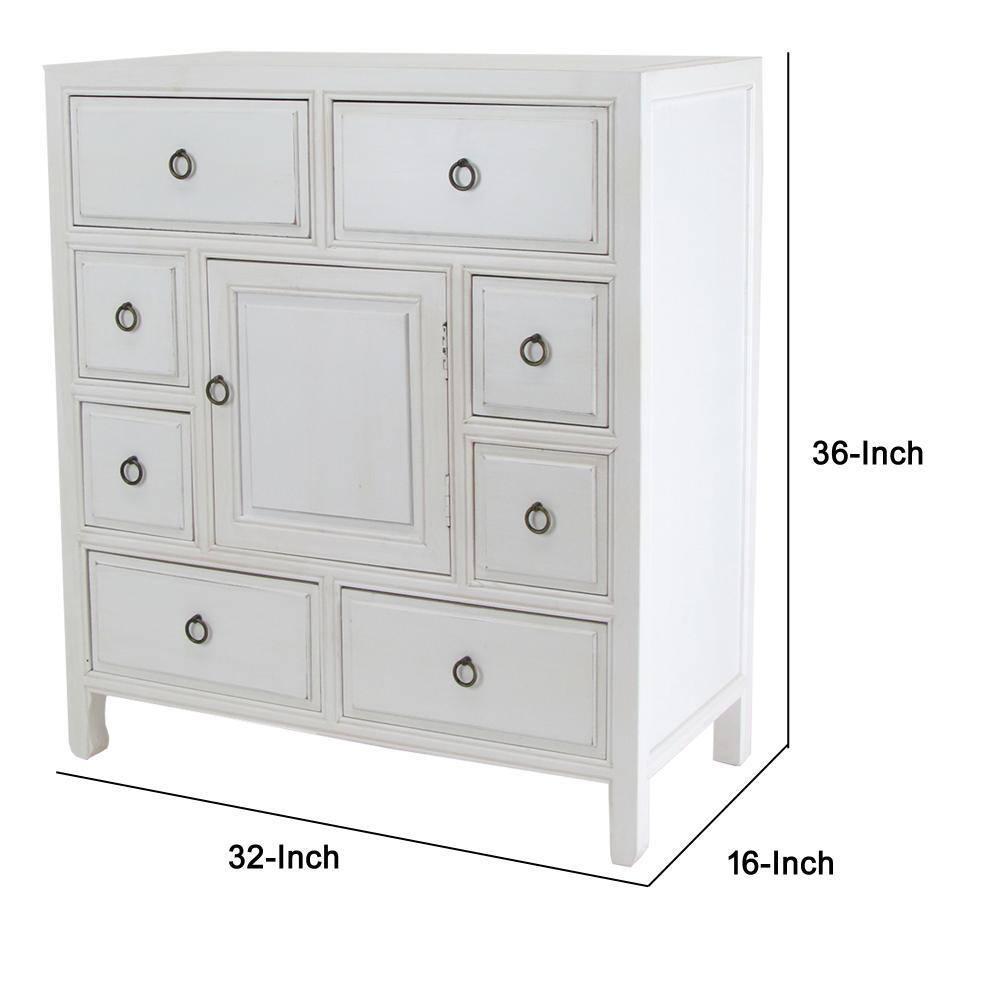 Benjara Wooden Chest with 8 Spacious Drawers and 1 Cabinet, White