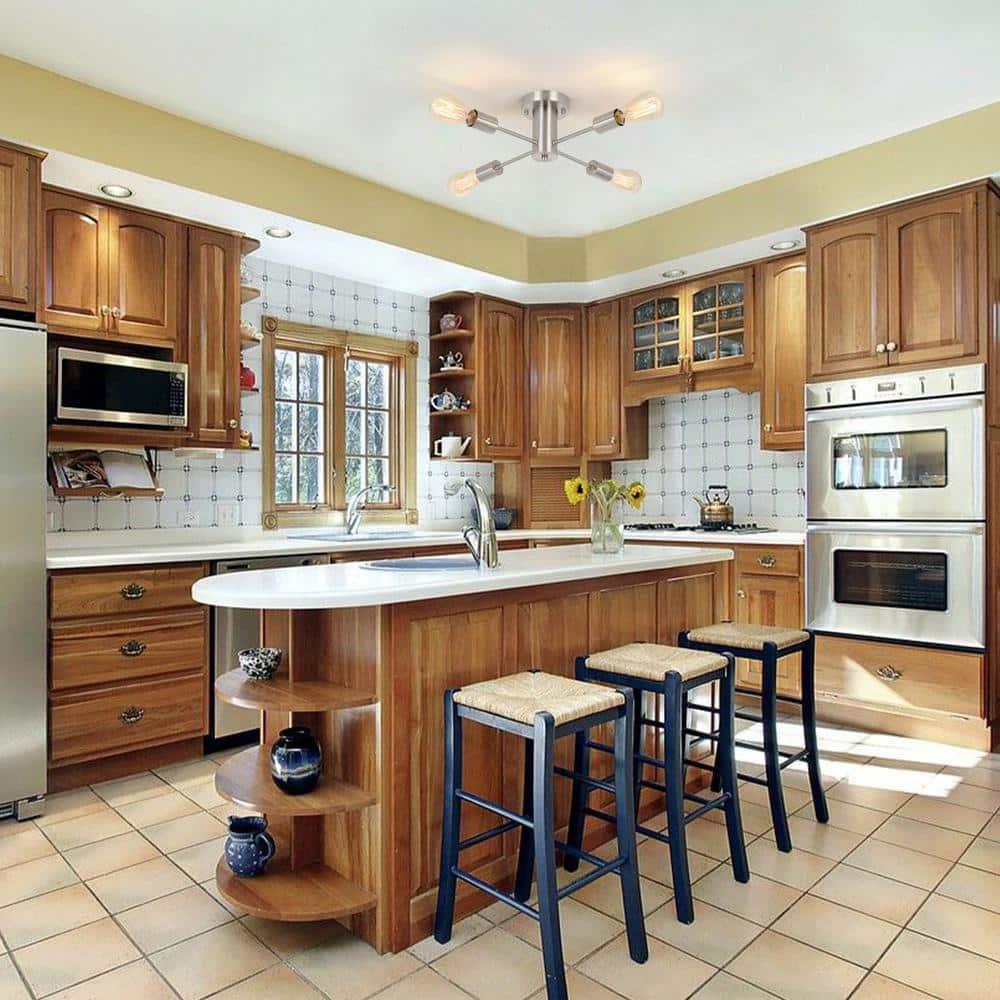 Sputnik Chandeliers, 4 Lights Kitchen Lighting Fixtures Ceiling Brushed Nickel Chandelier, Semi Flush Mount Ceiling Light Fixture for Bedroom Hallway Kitchen Living Room Dining Room