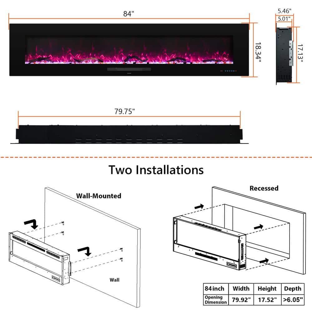 84 in. Electric Fireplace, Fireplace Insert/Wall Mounted with Thermostat, 1500-Watt to 750-Watt in Black