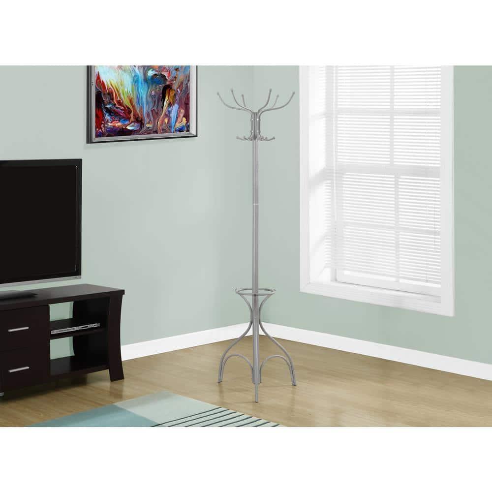 EveryRoom Coat Rack with Umbrella Holder - Silver Metal: 70" High, 6 Hooks, Metal Frame, Adult Assembly Required
