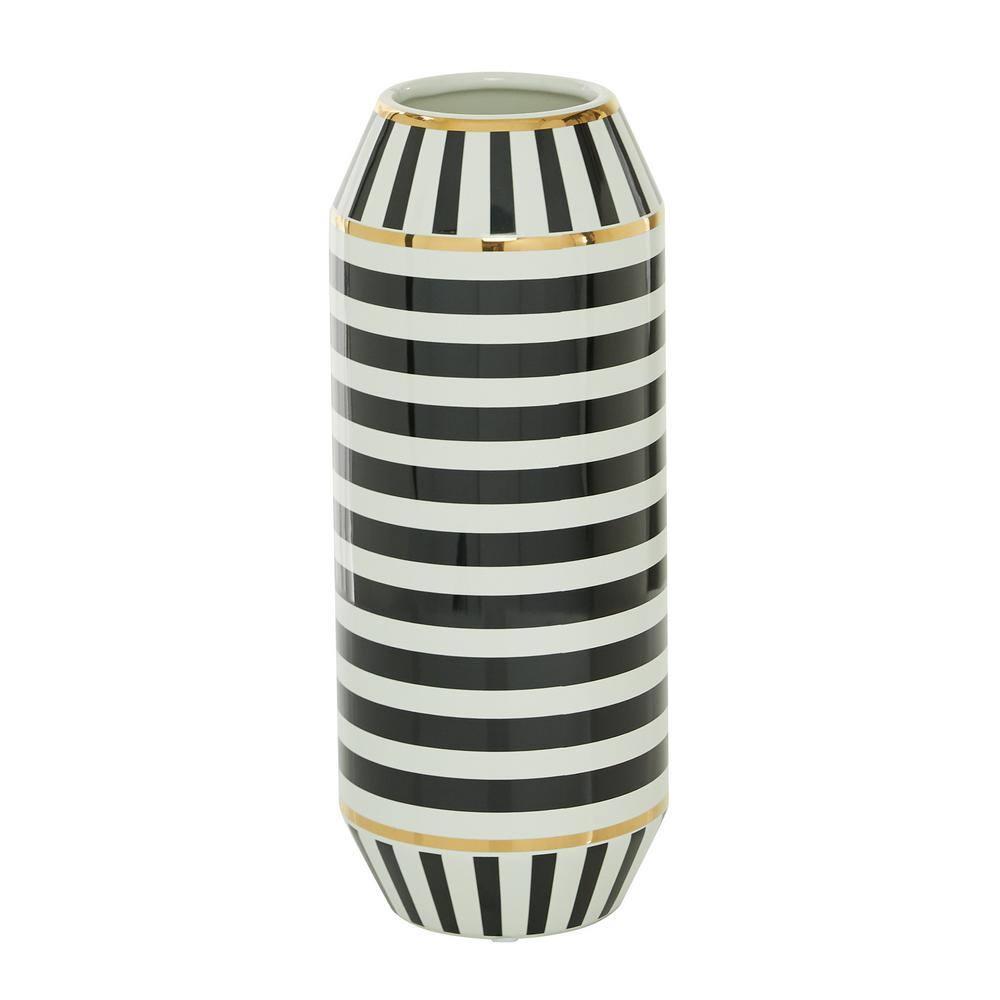 DecMode 16" Striped Black Ceramic Vase with Gold Accents