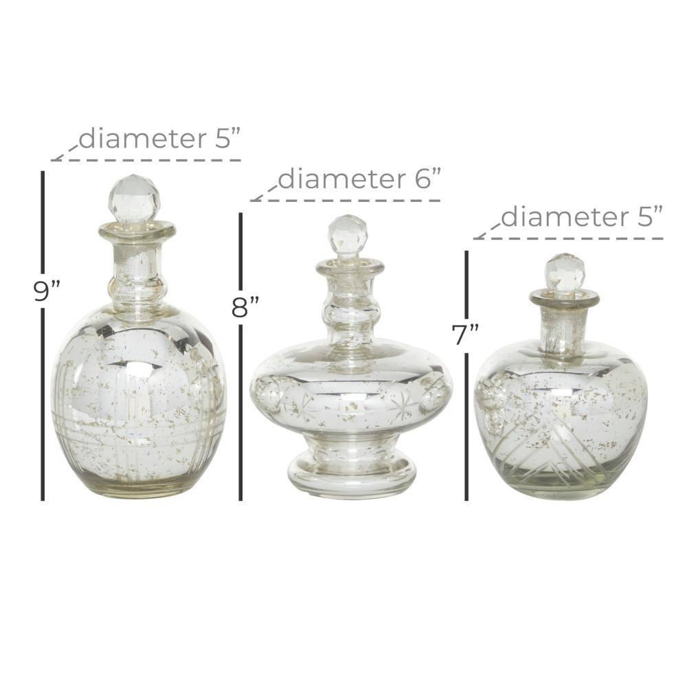 DecMode 8", 9", 7"H Silver Glass Decorative Jars with Crystal Stoppers, 3-Pieces