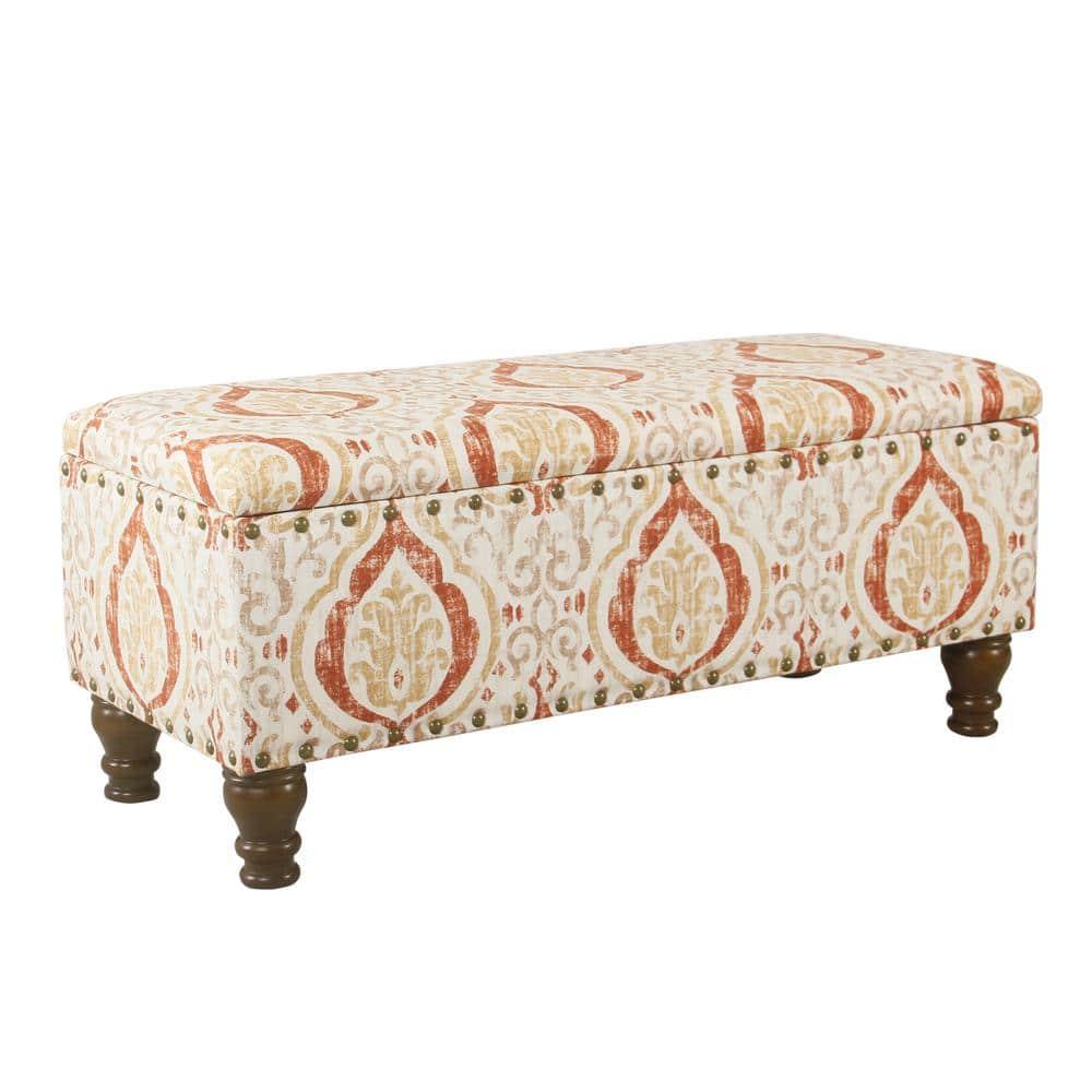 Large Storage Bench with Nailhead Orange/Cream Medallion - HomePop: Upholstered Rectangular Ottoman for Bedroom