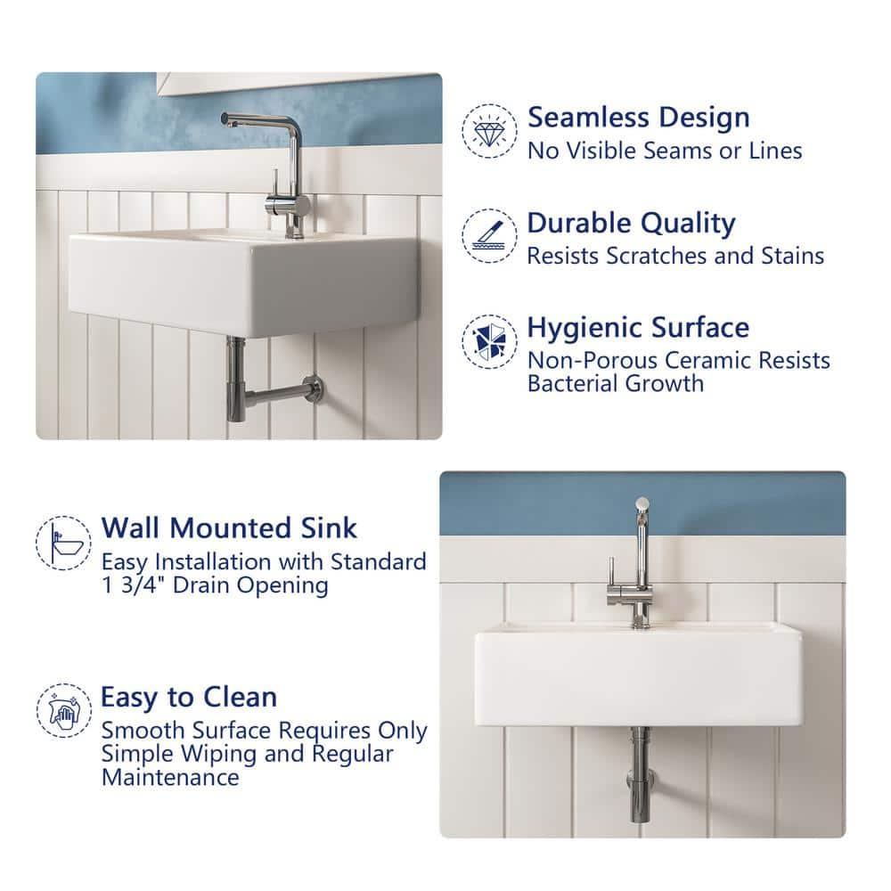 23'' x 18'' White Rectangular Vitreous China Wall Mount Bathroom Sink with Overflow