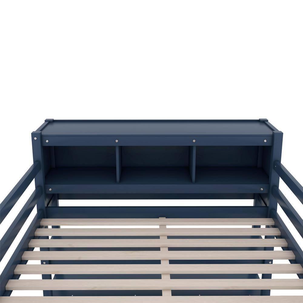 Dark Blue Full Size Wood Loft Bed with Wardrobe, Desk, Bookshelf and Cabinet