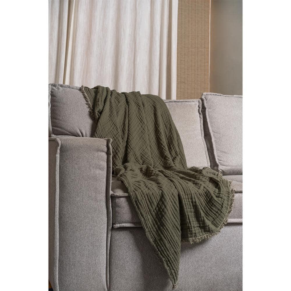 50"x60" Two Toned Organic Throw Blanket Olive Green - Truly Soft: GOTS Certified, Reversible, Fringe Edge