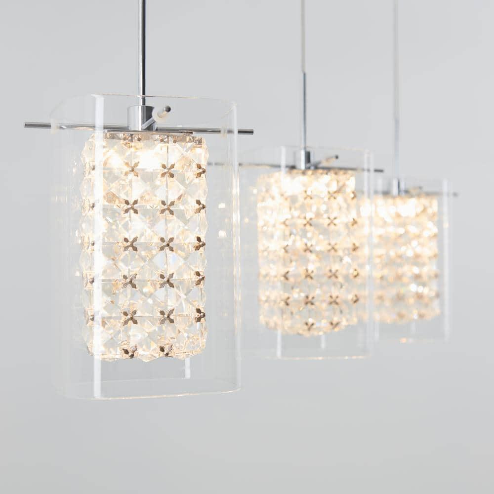 Crystal Cube 13-Watt 3 Light Chrome Modern Integrated LED Pendant Light Fixture for Dining Room or Kitchen