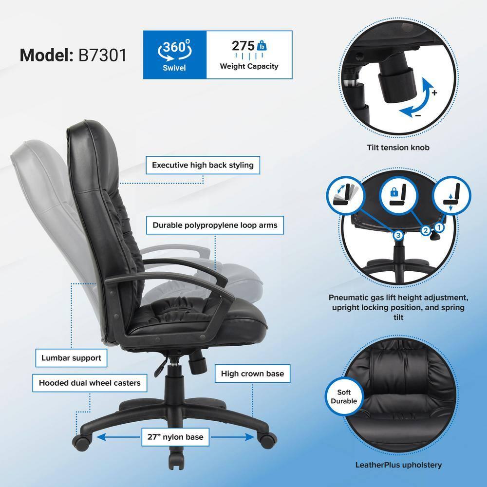 High Back LeatherPlus Chair Black - Boss Office Products: Ergonomic, Adjustable, Swivel, Casters/Wheels