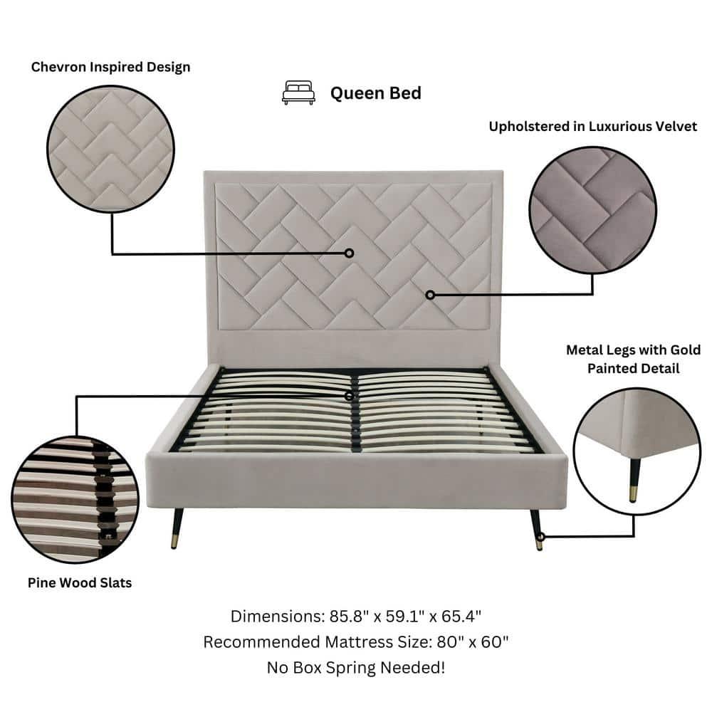 Manhattan Comfort Queen Crosby Modern Velvet Upholstered Bed Greige