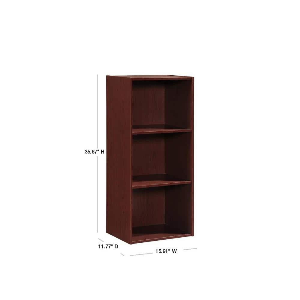 Hodedah HID23 High Quality 3 Shelf Home, Office, and School Organization Storage 35.67 Inch Tall Slim Bookcase Cabinets to Display Decor, Mahogany