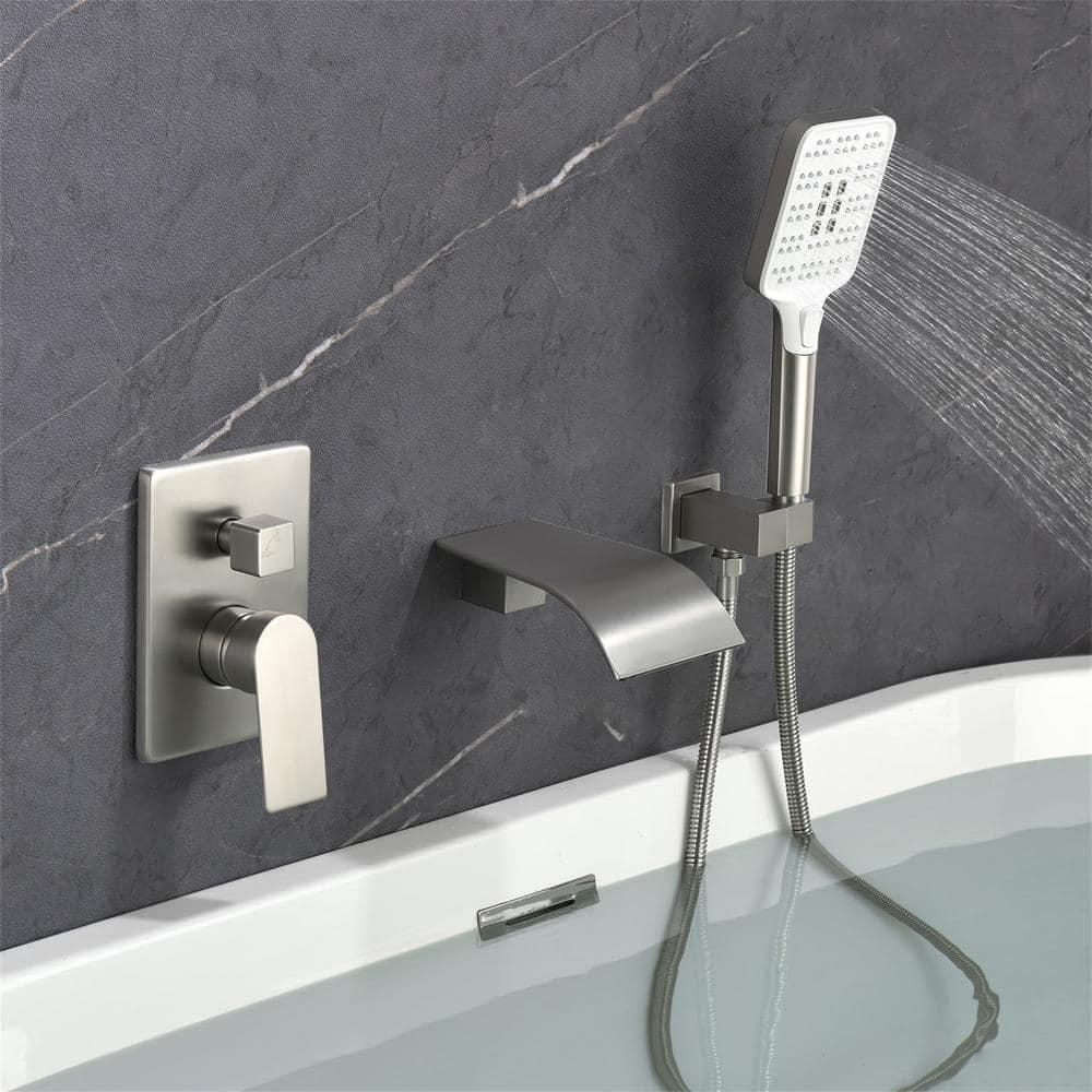 Tub Filler Faucet with Hand Shower Bath Tub Faucets with Rough-in Valve Trim Kit Wall Mounted Waterfall Bathtub Faucets Brushed Nickel