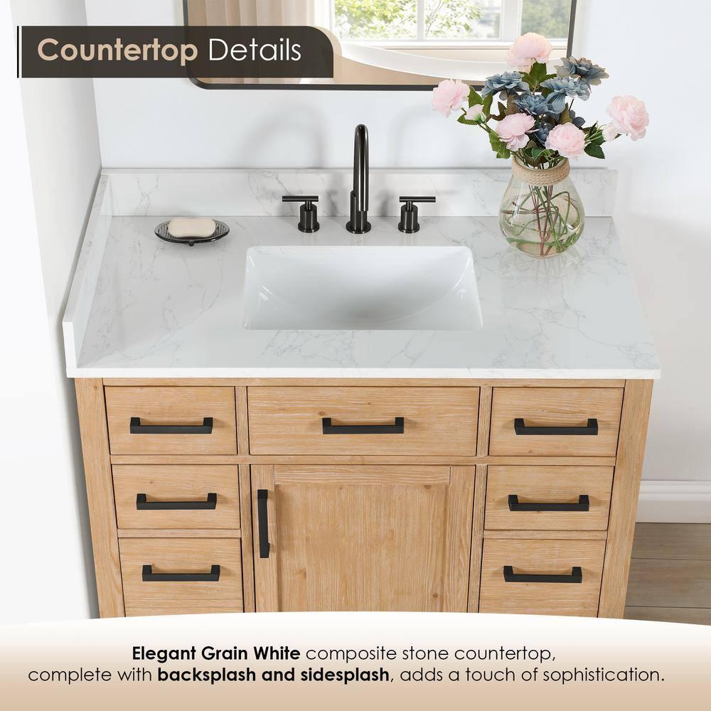 Gavino Tocador de Madera de 42" en Marrón Claro con Tapa de Piedra Compuesta sin Espejo