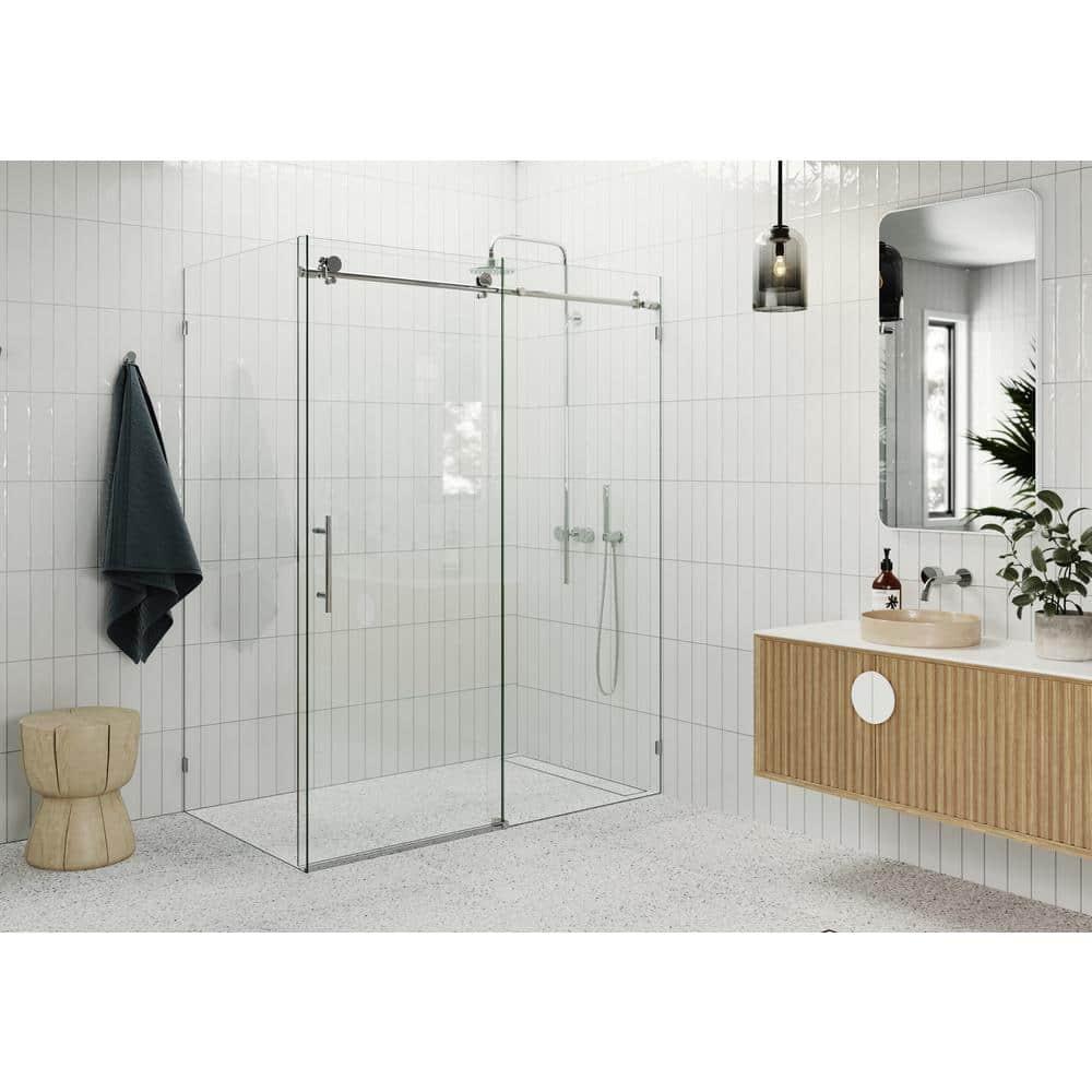 Nova 56 in. x 34 in. x 78 in. 90-degree Fully Frameless Sliding Glass Shower Enclosure
