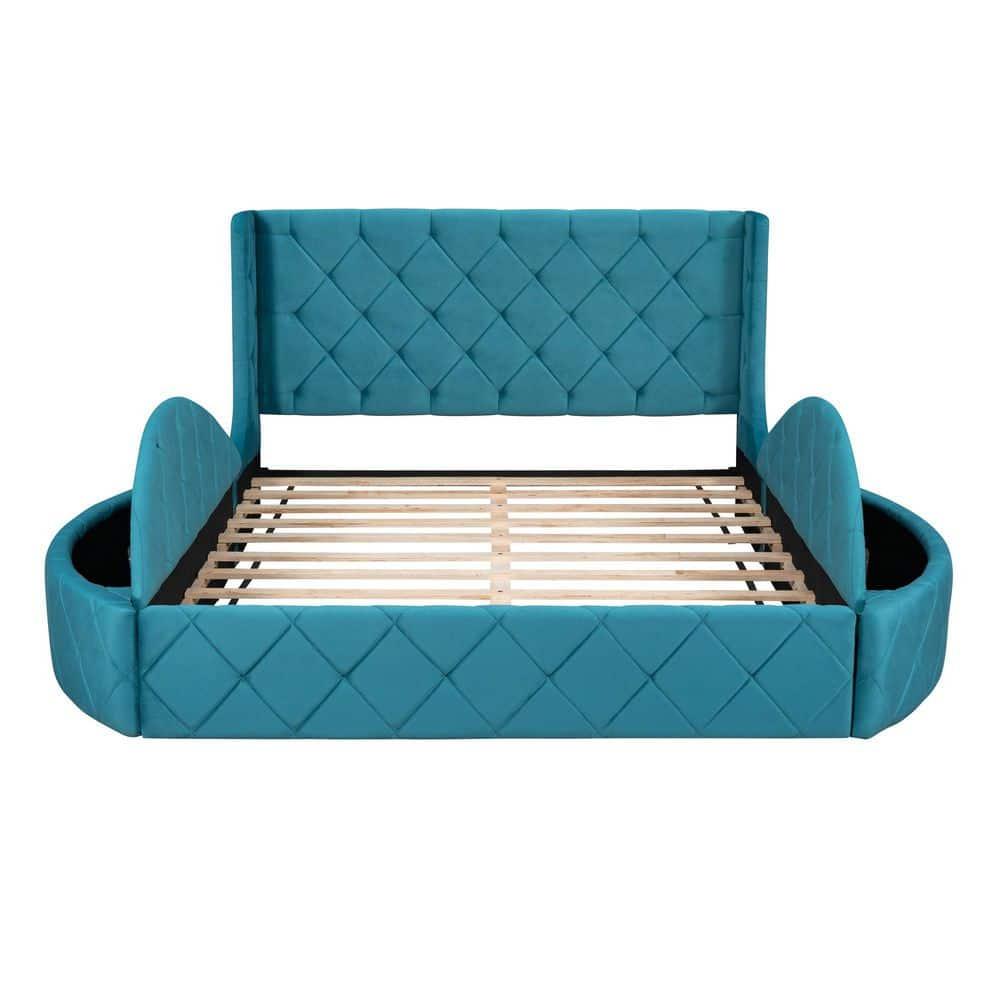 Queen Size Platform Bed with 1 Big Drawer and 2 Side Storage Stool Modern Velvet Upholstered Storage Bed with Wingback Headboard, No Box Spring Needed, Easy Assembly, Blue