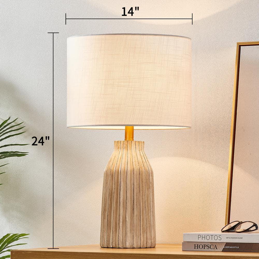 KAWOTI 24" Farmhouse Resin Table Lamp, Weathered White Table Lamp with Bamboo Pattern Shade for Bedroom