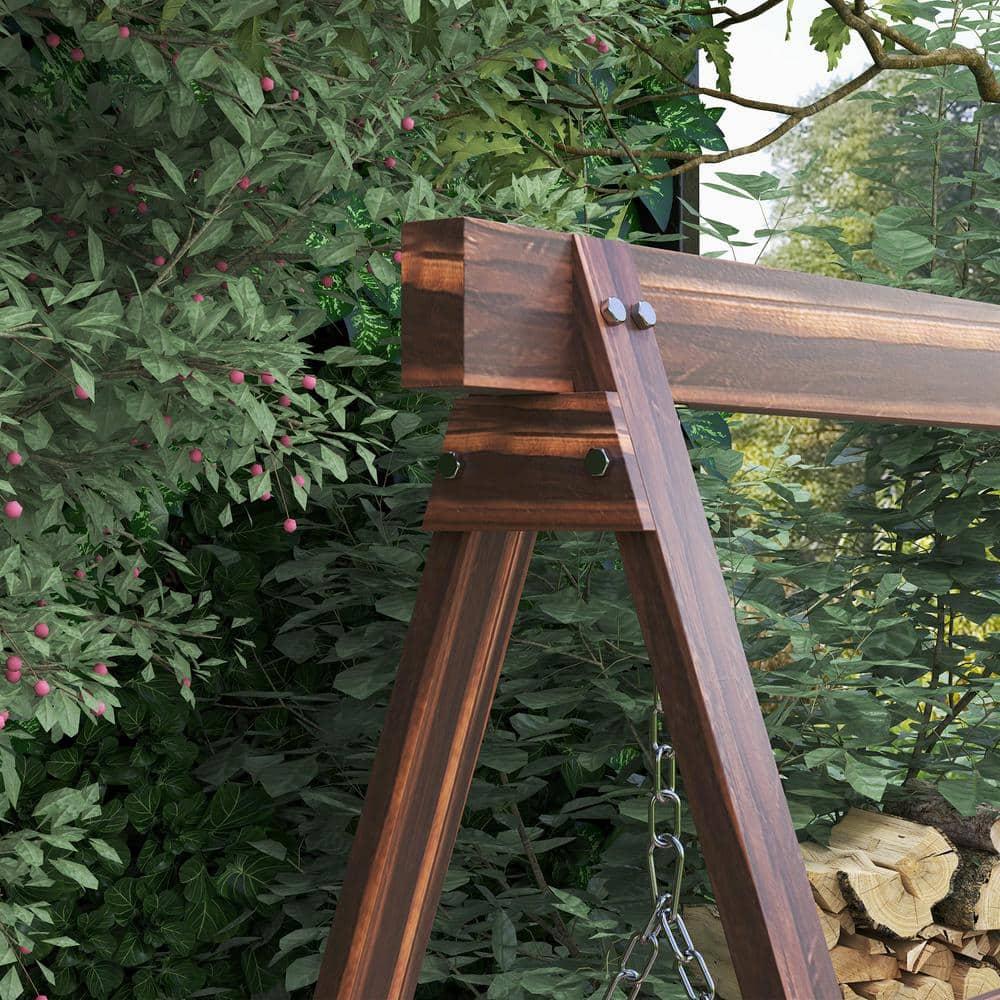 Outsunny 3 Seat Wooden Porch Swing with Stand, Patio Swing Chair with Side Tables, Carbonized Brown
