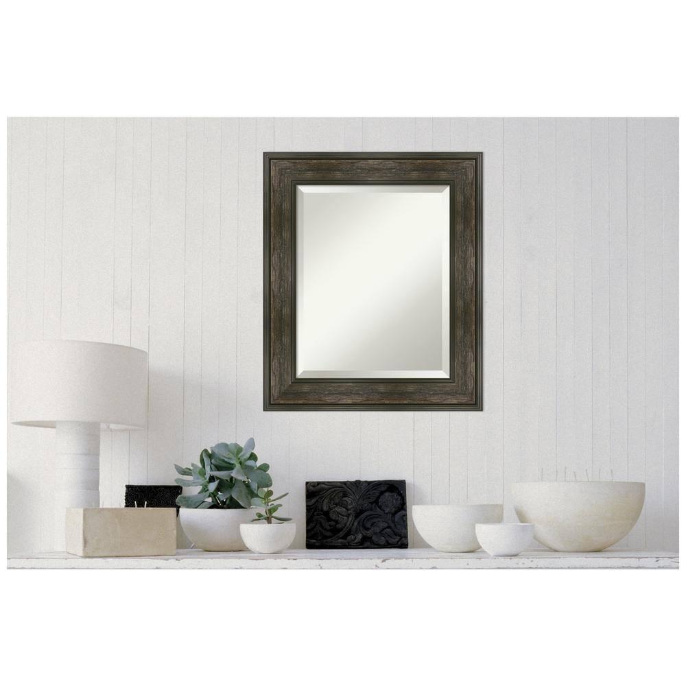 Amanti Art Beveled Bathroom Wall Mirror - Rail Rustic Char Frame - Rail Rustic Char Outer Size: 22 x 26 in