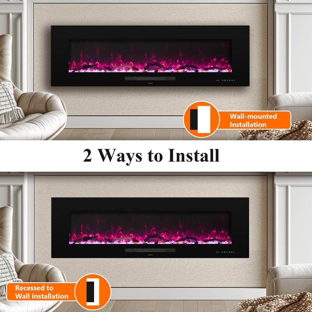 84 in. Electric Fireplace, Fireplace Insert/Wall Mounted with Thermostat, 1500-Watt to 750-Watt in Black