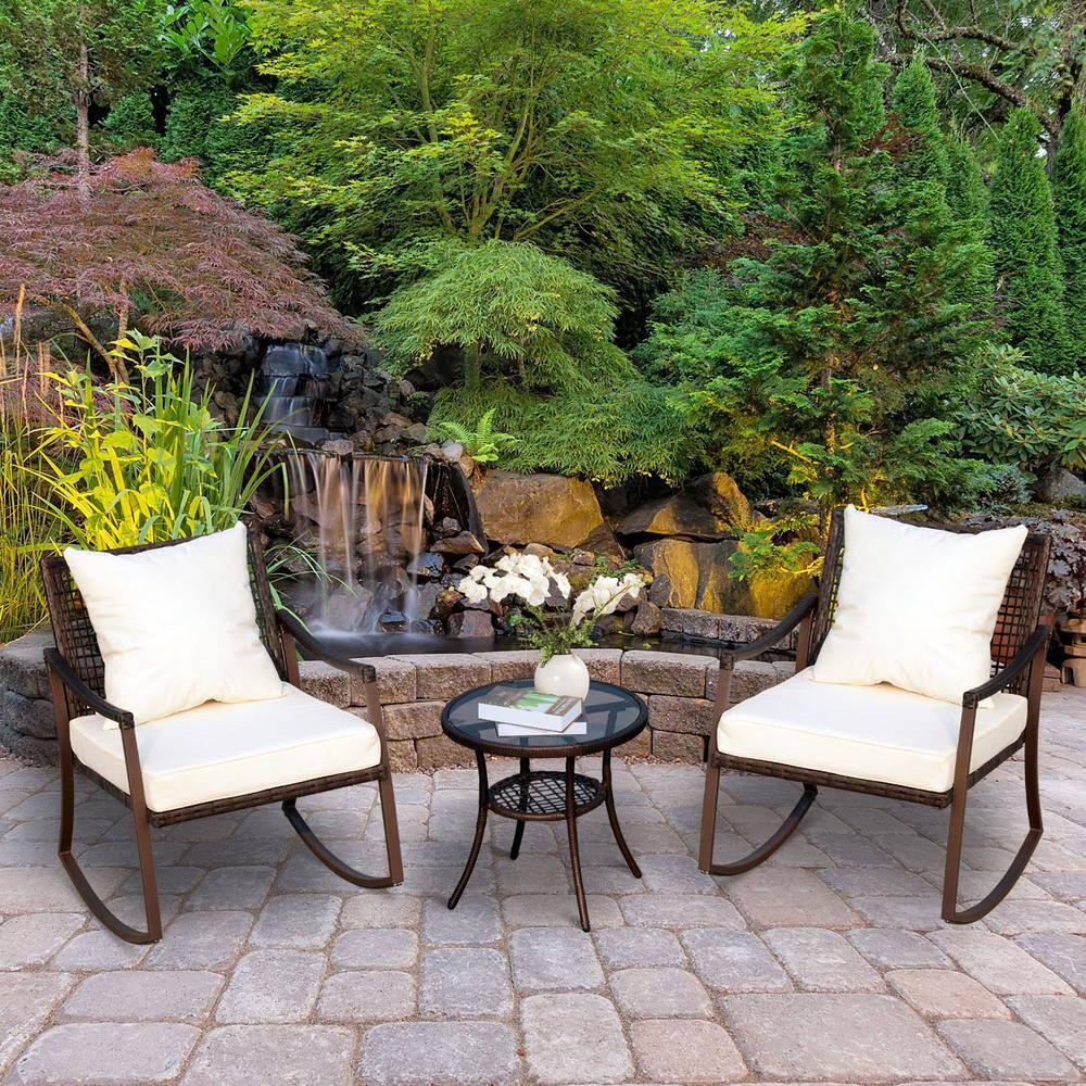 Outsunny 3-Piece Bistro Set Outdoor Wicker Furniture Set with Rattan Rocking Chair, Side Table for Patio Backyard Garden and Balcony