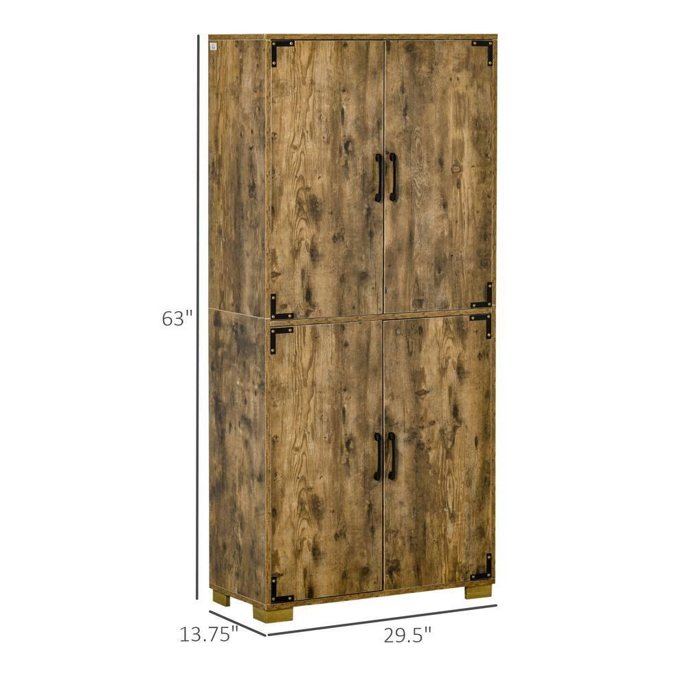 HOMCOM Industrial Style 4-Door Cabinet Pantry Cupboard with Storage Shelves for Bedroom and Living Room, Rustic Wood
