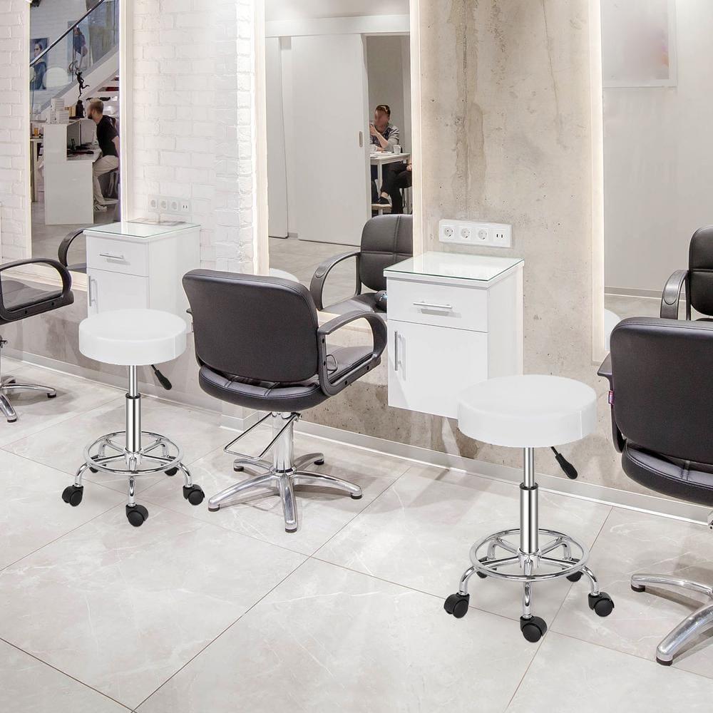 MDHAND Adjustable Swivel Round Bar Stool, PU Leather Hydraulic Rolling Facial Massage Tattoo Spa Chair, 5 Wheel Rotate 360 Degrees, White