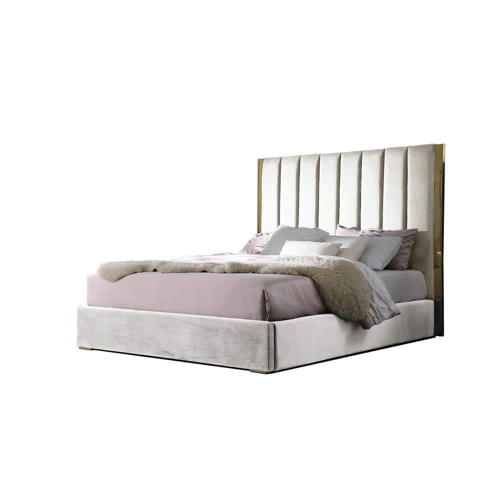Jalen Beige Velvet California King Platform Bed with Gold Accents