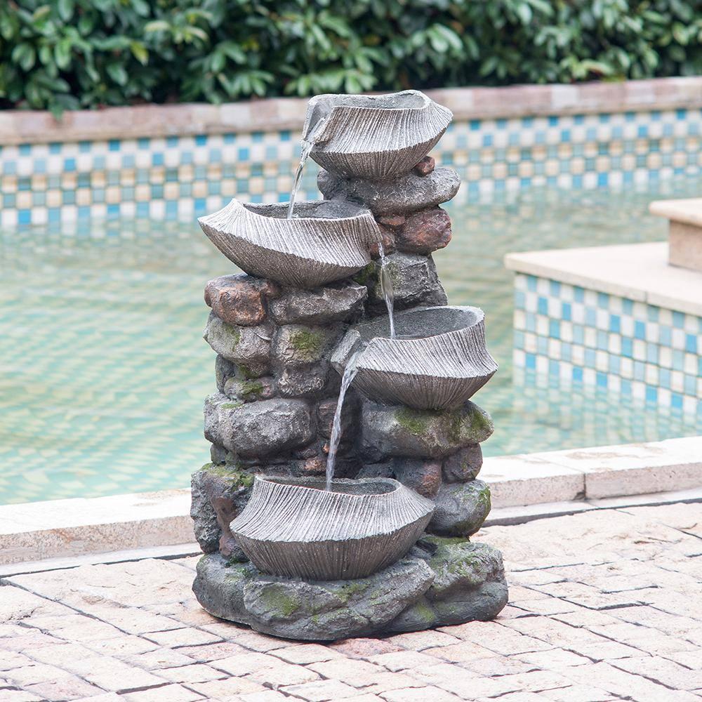 31 in. Tall Outdoor 4-Tier Rock Water Fountain with LED Lights