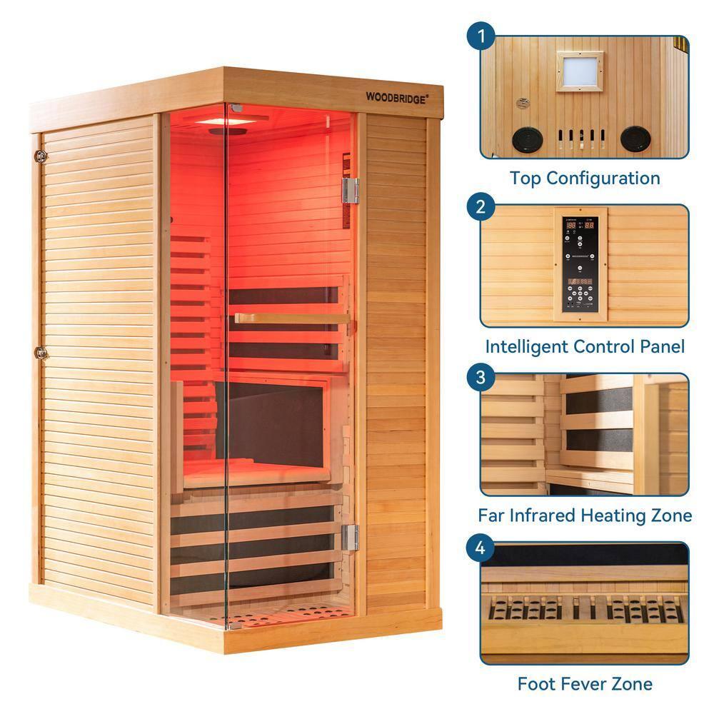WoodBridge 1 Person Indoor Bluetooth Compatible FAR Infrared Sauna in Canadian Hemlock, Touch-Tone Keypad, LED Therapy Light