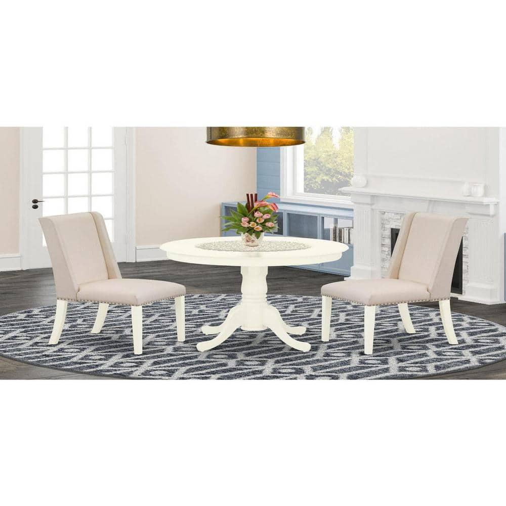 East West Furniture Antique 3-piece Dining Set with Fabric Seat in Linen White