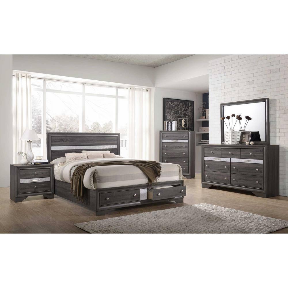 Queen Sized Gray and Silver Wood Bedframe with 2 Drawer Storage