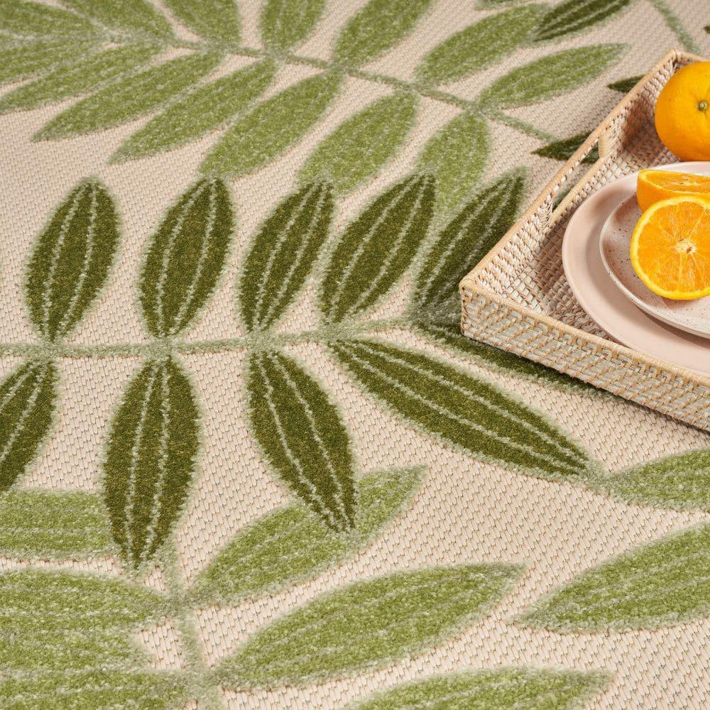 Nourison Aloha Floral Leaf Flatweave High-Low Indoor Outdoor Round Rug Ivory Green 5'3" x 5'3"