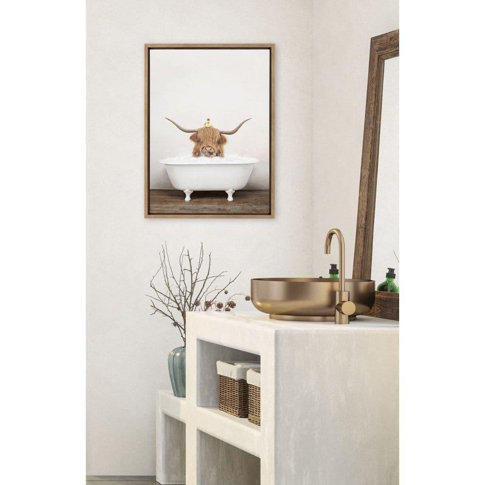 Kate and Laurel Sylvie Highland Cow and Duckling in Rustic Bath Framed Canvas by Amy Peterson Art Studio, 18x24, Gold