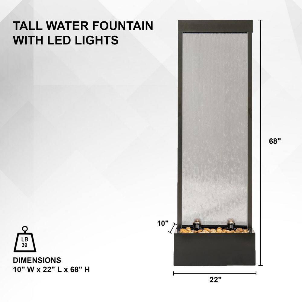 XBrand 68" H Freestanding Modern Indoor/Outdoor Waterfall Fountain w/ Decorative Rocks, LED Lights & Auto-Shut Off Pump, Aluminum/Clear Glass, Black